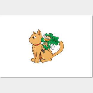 Cute Leprechaun Riding a Cat St. Patrick's Day Posters and Art